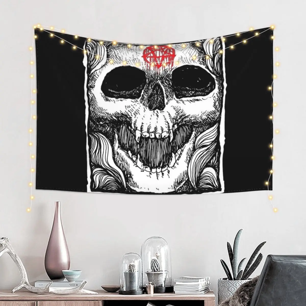 Skull Pentagram Fatality Demon by KRAFTD Tapestry Wall Tapestries Bedroom Deco Living Room Decoration Tapestry