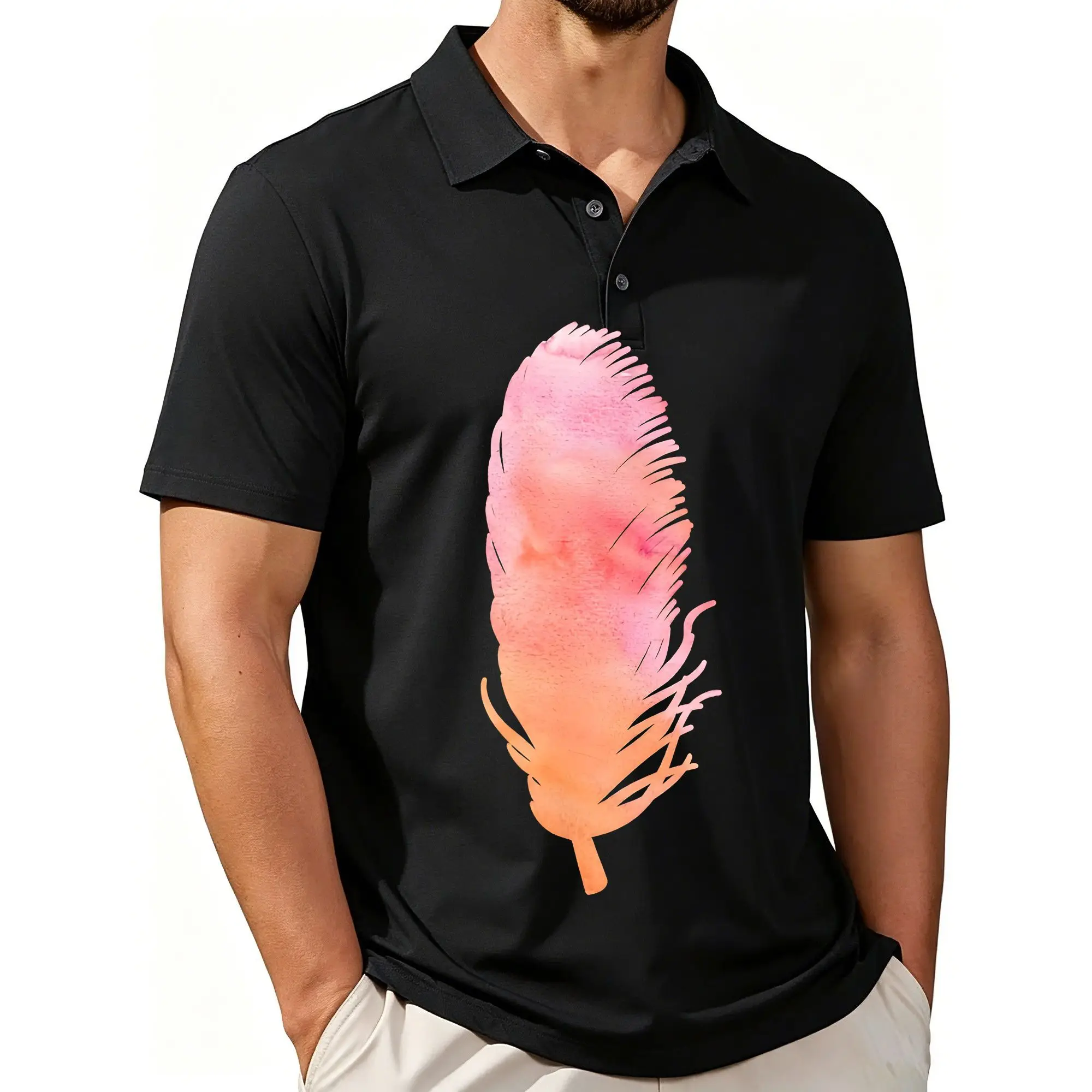 Men's Printed Short-Sleeved Polo Shirt with Watercolor Feather Pattern, Stylish and Casual Fit, Breathable Fabric, Suitable for All Seasons.