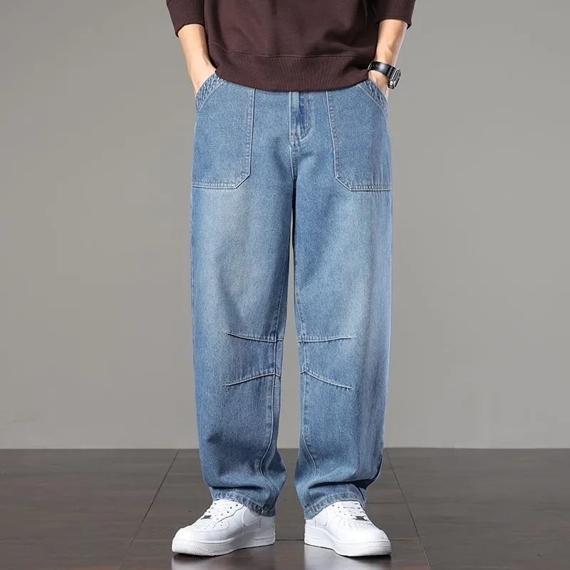 OIQERE Mens Autumn Full Cotton Cargo Denim Pants Spliced Design Loose Wide Leg Trendy Casual Long Trousers