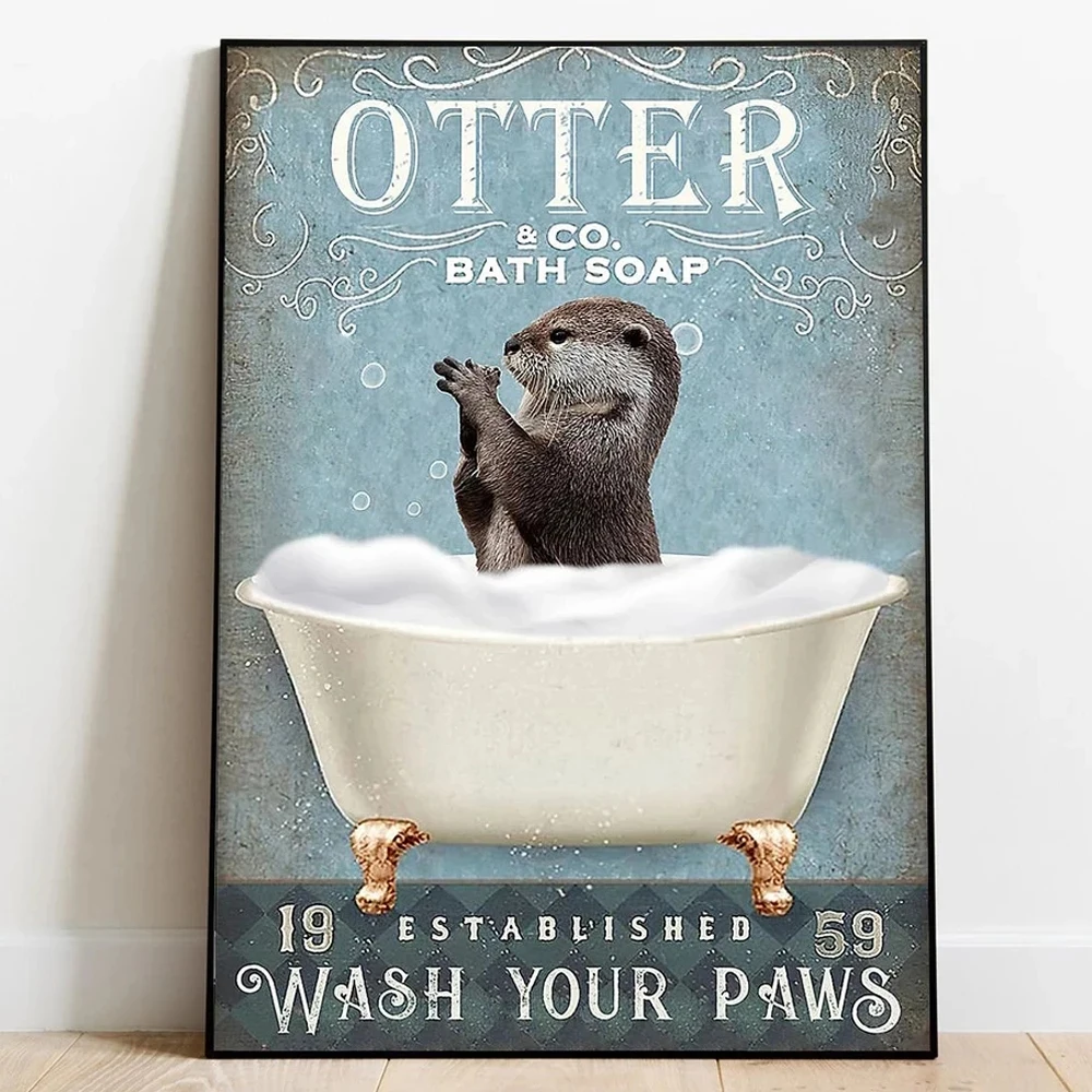 Animal Bathroom Canvas Poster Otter Bath Soap Abstract Wall Art Wash Your Paws Print Picture for Bathroom Toilet Home Decore