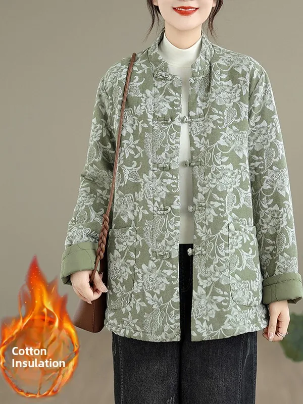 

Женская хлопковая куртка в китайском стиле в стиле ретро, свободная зимняя верхняя одежда с воротником-стойкой на пуговицах и цветочной вышивкой, пальто
