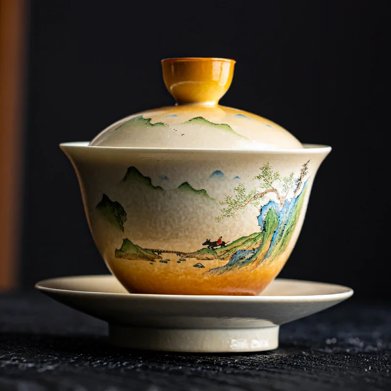 Grass and Wood Ceramic Gaiwan, Retro Brewing, Covered Bowl, Kung Fu Tea Set, Household Ceremony Pot, Landscape, Retro Style view 2