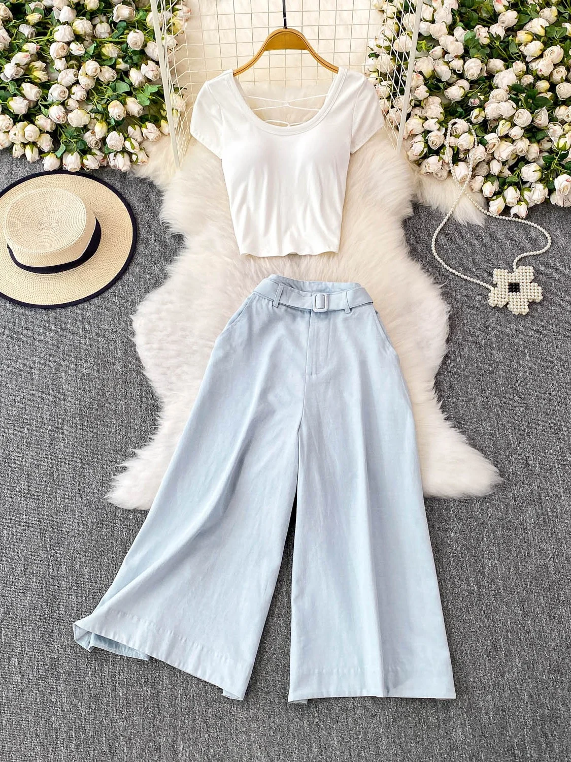 

Sexy Pure Desire Bal U-Ne ort T-irt High Waist Slimming Denim Wide Leg Pants Two-Piece Set Women's Faion Summer ...