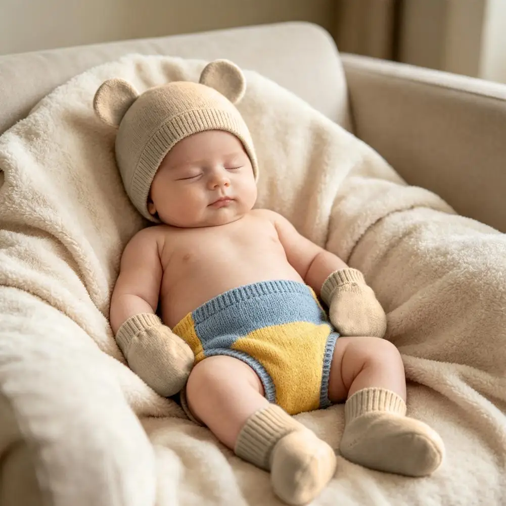 Newborn Foot Protectors Newborn Baby Hat Mittens Set Cotton Infant Bear Ears Cap with Anti-scratch Gloves for 0-3 for Newborns