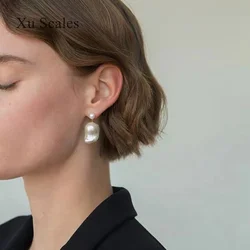 Baroque 15-25mm Natural Freshwater Shaped Pearl Retro Irregular Double Beaded Earrings Temperament Premium Women's Jewelry Gift