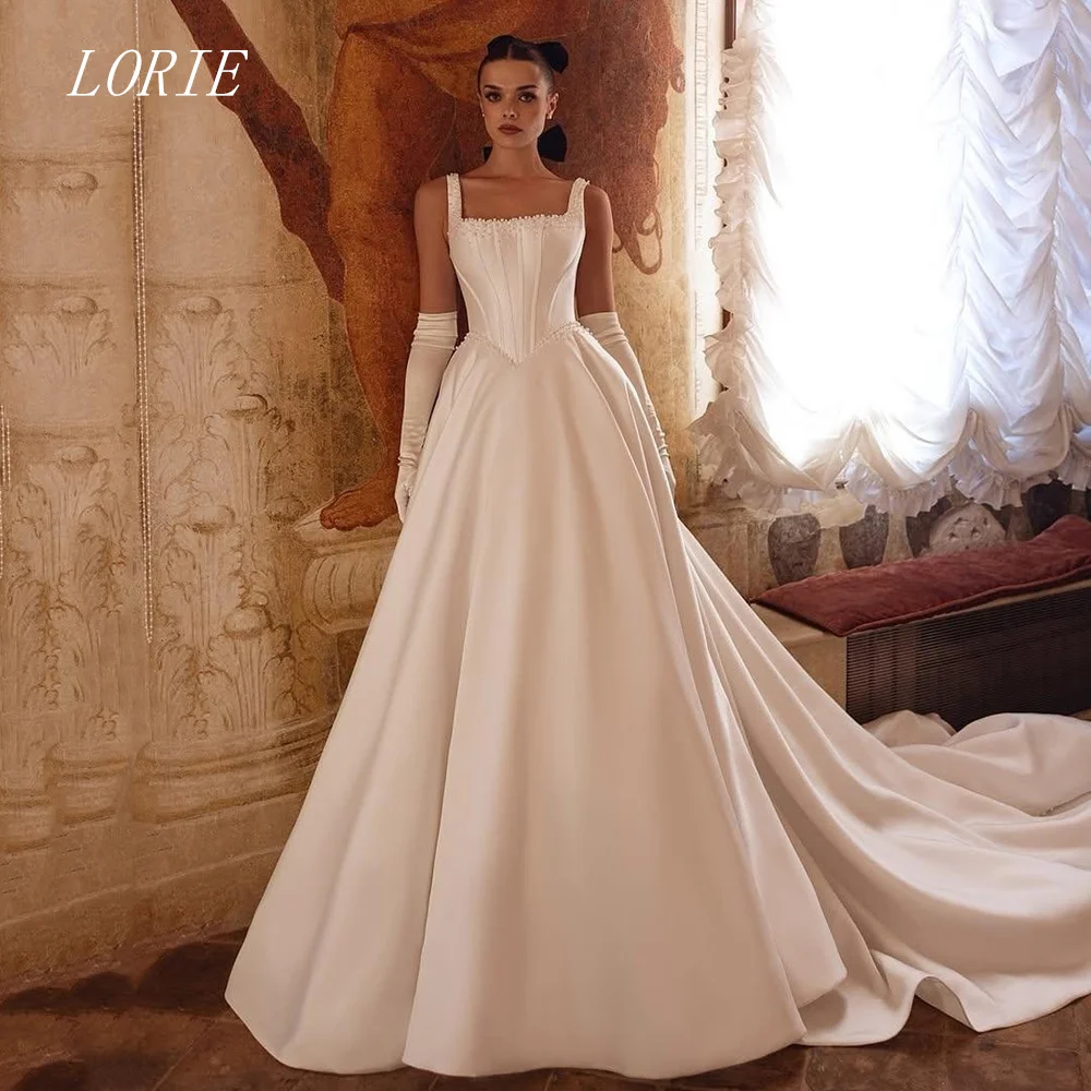 

LORIE Luxury Beading A Line Wedding Dress Square Collar Bridal Dresses Elegant Spaghetti Strap Wedding Gown Customized 2026