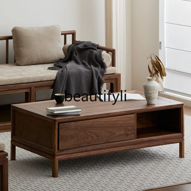 

New Chinese coffee table black walnut solid wood square living room combination tea table log coffee table