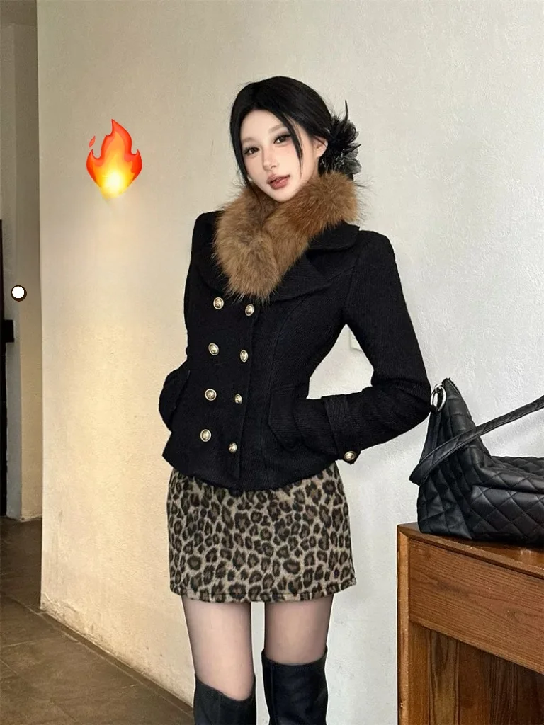 

Shibuya Spicy Girl Vintage Slim Fit Woolen Coat Leopard Print Short Skirt Set Fashionable Autumn Outfit for Women High Waist