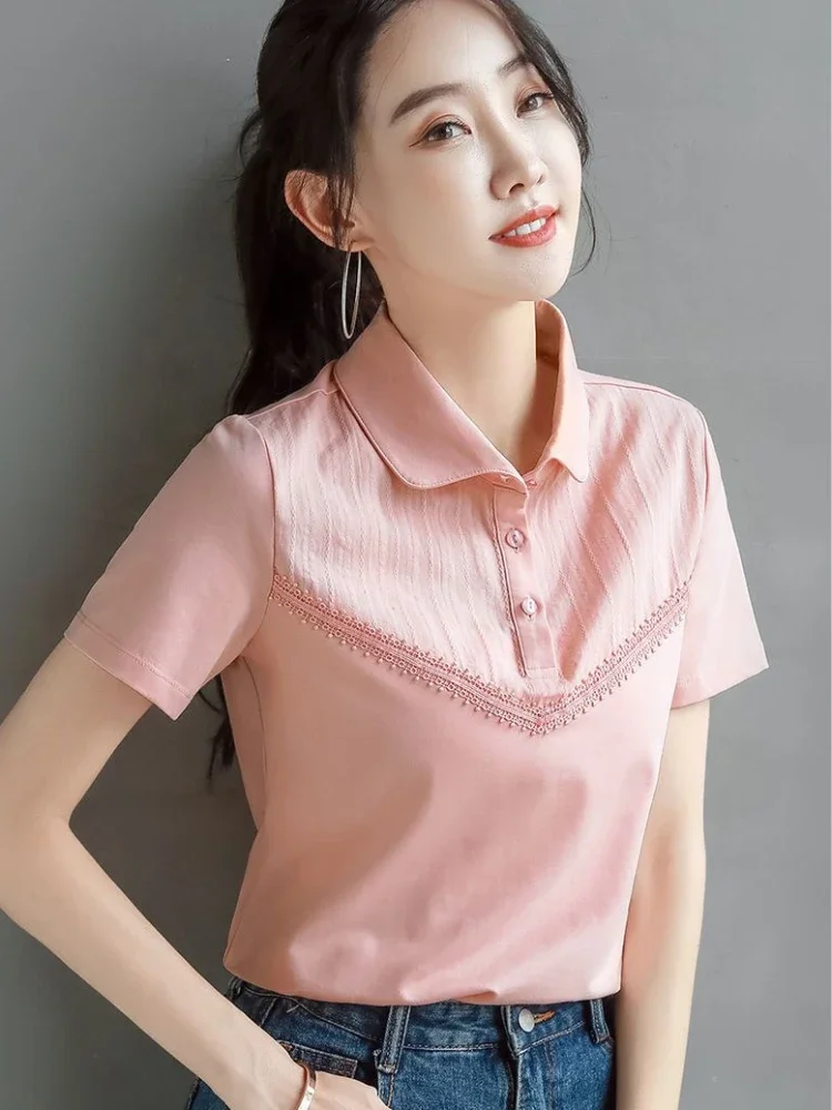 Women's Polo Shirts Button Plain Baggy T-shirts Pink Y2k Fashion Casual Tops on Female Tee Offer Youthful Clothes Korean Popular