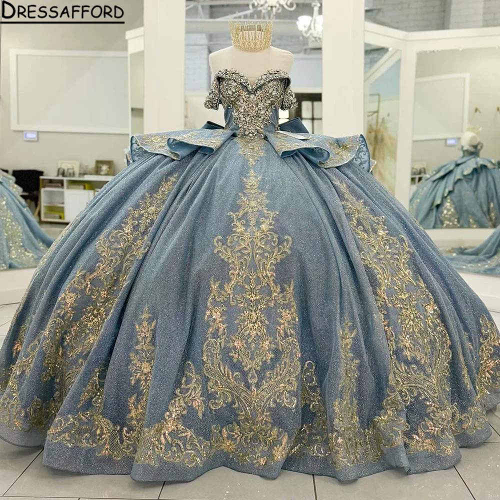 

Роскошное платье Quinceanera с золотой кружевной аппликацией, платье принцессы для дня рождения, Vestidos De 15 Anos по индивидуальному заказу