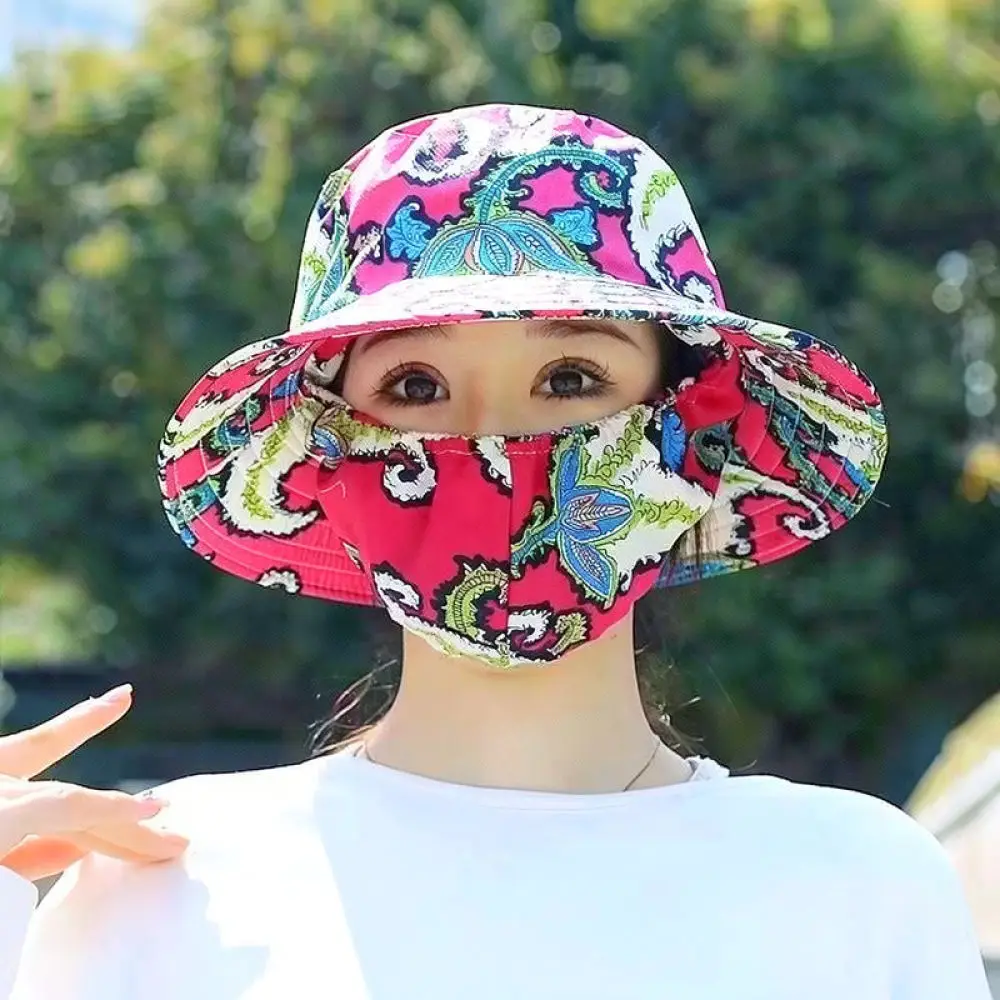 Floral Pattern Sunshade Cap Summer Outdoor Face Mask Wide Brim Anti Dust Hat Breathable Gardening Protection Bonnet