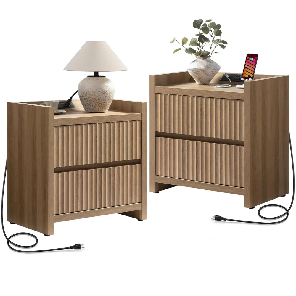 

Night Stands Set of 2-Fluted Nightstands with Charging Station- Modern 2 Drawers Nightstand 25" Tall Bedside Table, Customized
