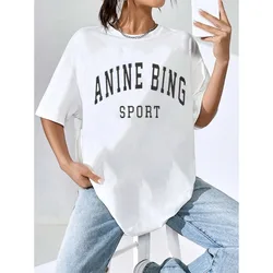 A Nine Bing Women's Letter Printed T-shirt Casual Round Neck Short Sleeved Women's Harajuku Cotton T-shirt Street Clothing Top