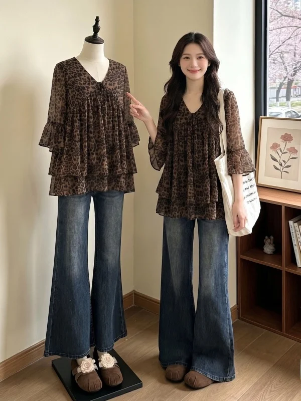 

Chic Anti-Aging Leopard Print V-Neck Shoulder-Length Midi Shirts Women Summer New plus Size Fashionable Blouse Commute Style ...