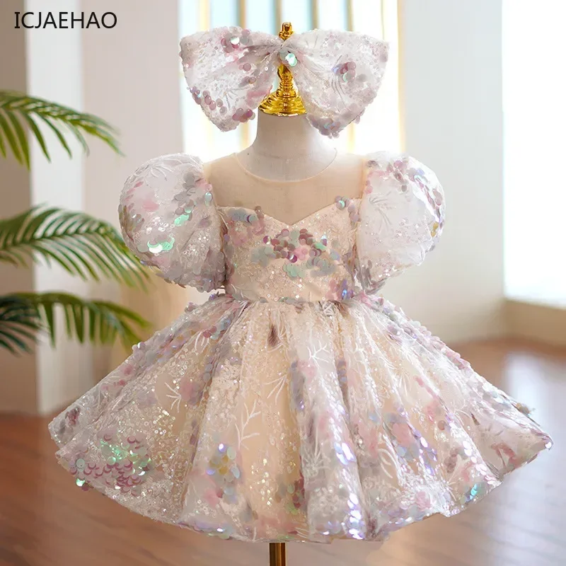 

2024 Flower Girls Party Toddler Birthday Clothes Matching Kids Turkish Sequin Clothing Children Elegant Vintage Spanish Dress