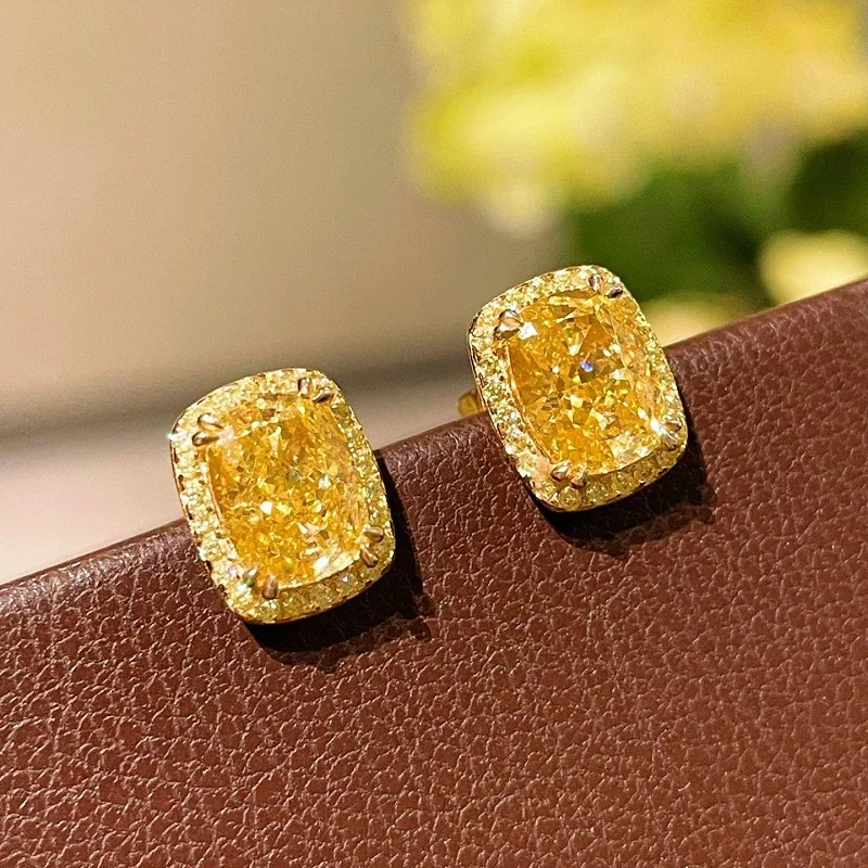 

925 Sterling Silver Earrings Yellow Diamond Earring Engagement Party Jewelry Classic Square Design