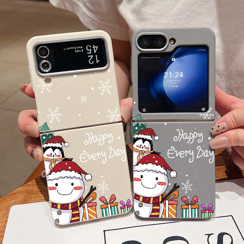 Christmas Snowman Case For Samsung Galaxy Z Flip6 Flip5 Flip4 Leather Texture Silicone Folding Cover For Samsung Z Flip 6 5 4 3