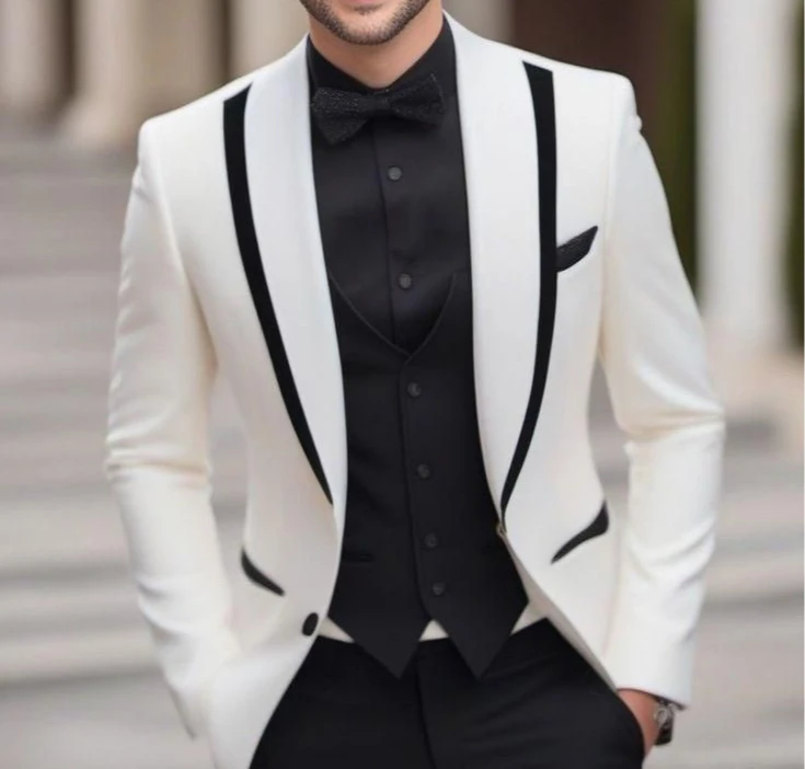 

Men White Black Shawl Lapel 3 Piece Tuxedo Suit Slim Fit Blazer Vest Pants Wedding Groom Formal Prom Party Custom