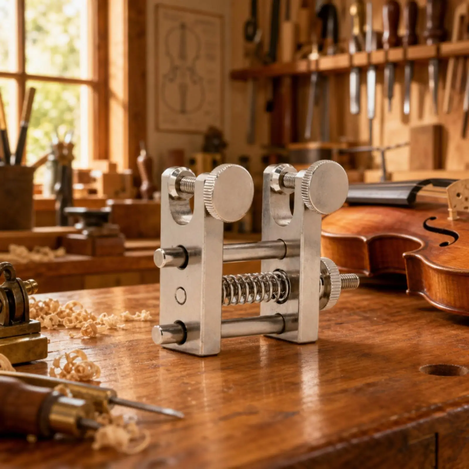Violin Restoration Clamp with Parallel Plates and Threaded Rods for Soundboard Crack Repair Work