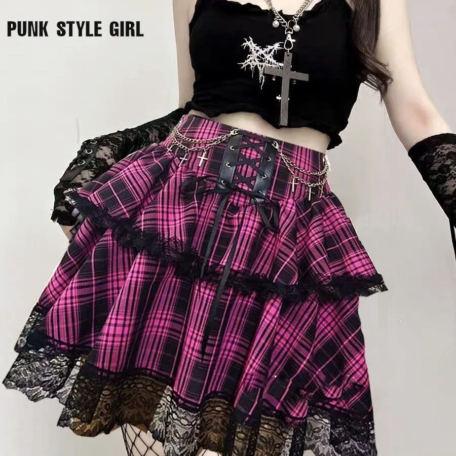 Plaid Print Subcultures Punk Rock Y2k Mini Skirt High Waist Ruffle Cake Lace Up Harajuku Gothic 2000s Ball Gown Skirts for Women