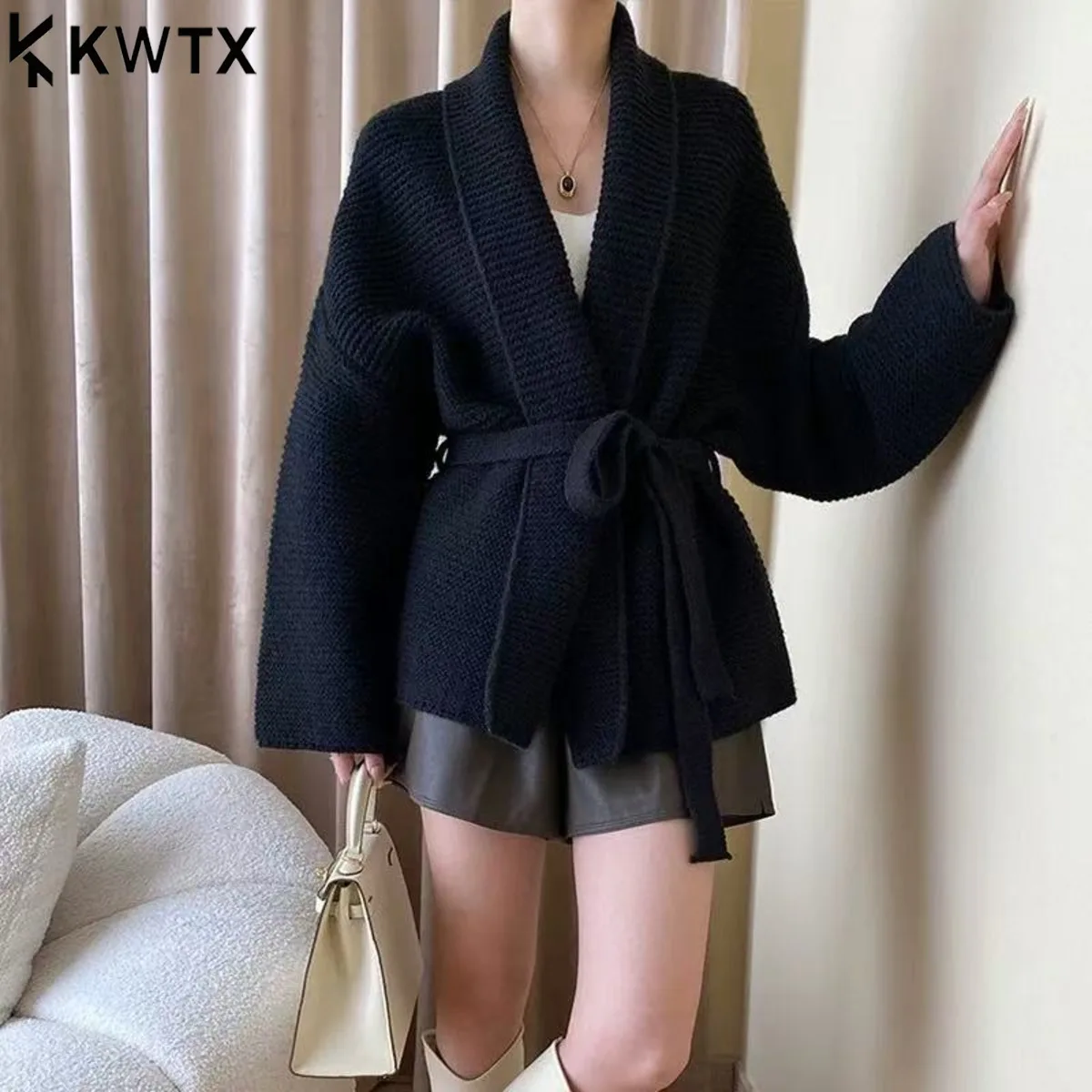 

KWTX 2025 New Knitted Cardigan Mid-Length Belted Patchwork Thick Coat Elegant Chic Retro Women’s Outerwear Autumn Winter Luxury