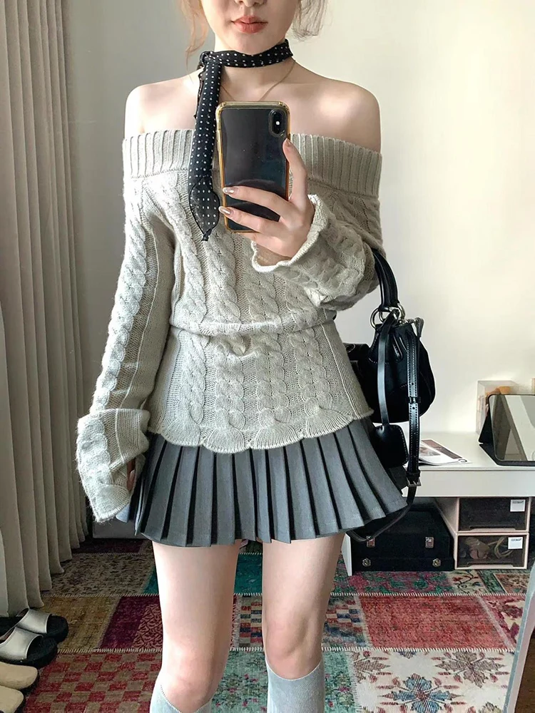 

French Women Off Shoulder Fried Dough Twists Sweater Autumn New Korean Off Shoulder High Waist Long Sleeve Women's T-Shirt Top
