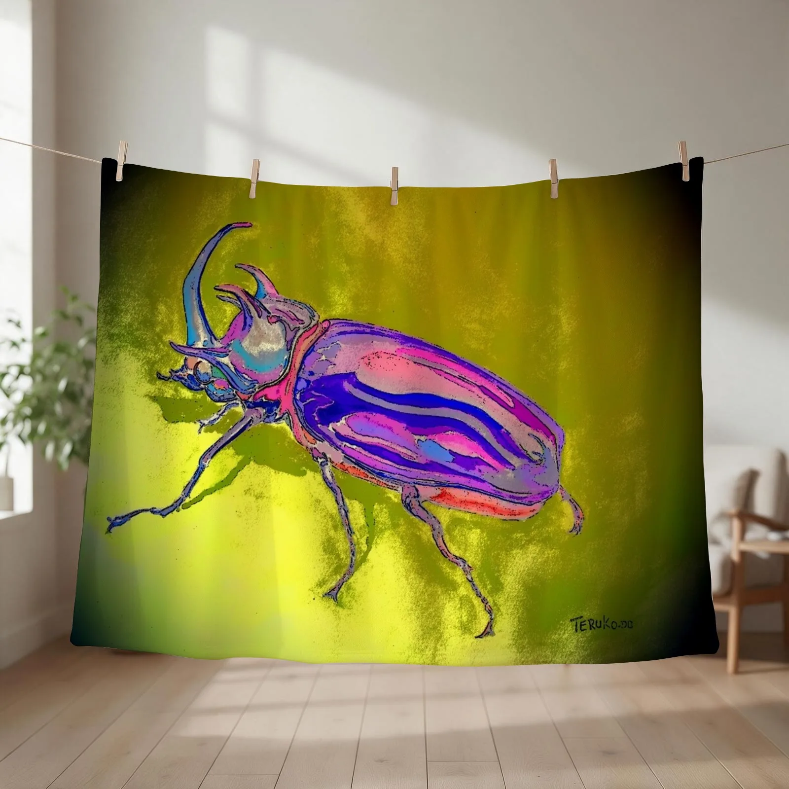 Five Horned Rhinocros Beetle Primed Throw Blanket couch cozy soft plush fuzzy picnic outdoor blanket