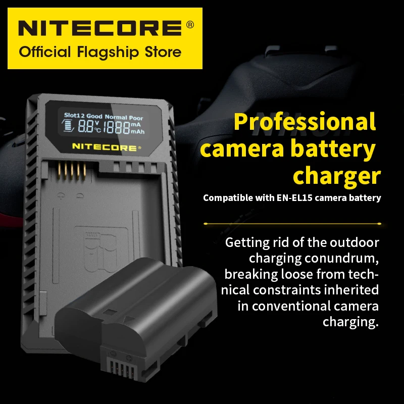 NITECORE UNK2 Smart Camera Battery Charger Dual-Slot USB for Nikon EN-EL15 EN-EL15a EN-EL15b D500 D600 D810 D7500 Z6 D800E D7000