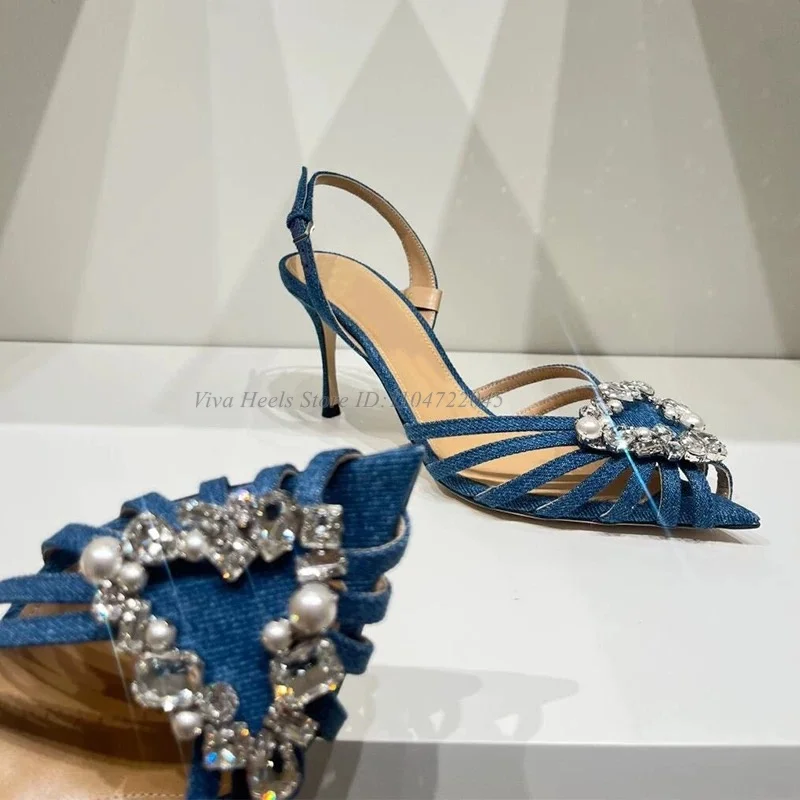 

2025 New in Crystal Heart Buckled Caged Leather Sandals Denim Pointed Toe High Heels Slingback White/Black Luxury Designer Shoes
