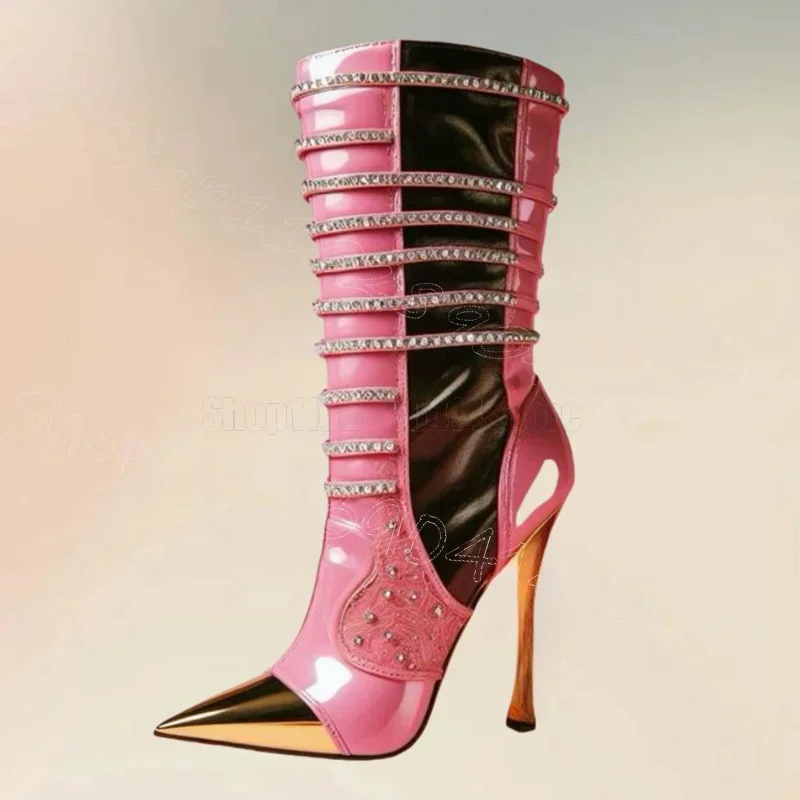 

Spikes Chain Lace Design Metal Pointed Toe Boots Side Zipper Women Shoes Thin High Heels Party Banquet 2024 Zapatos Para Mujere