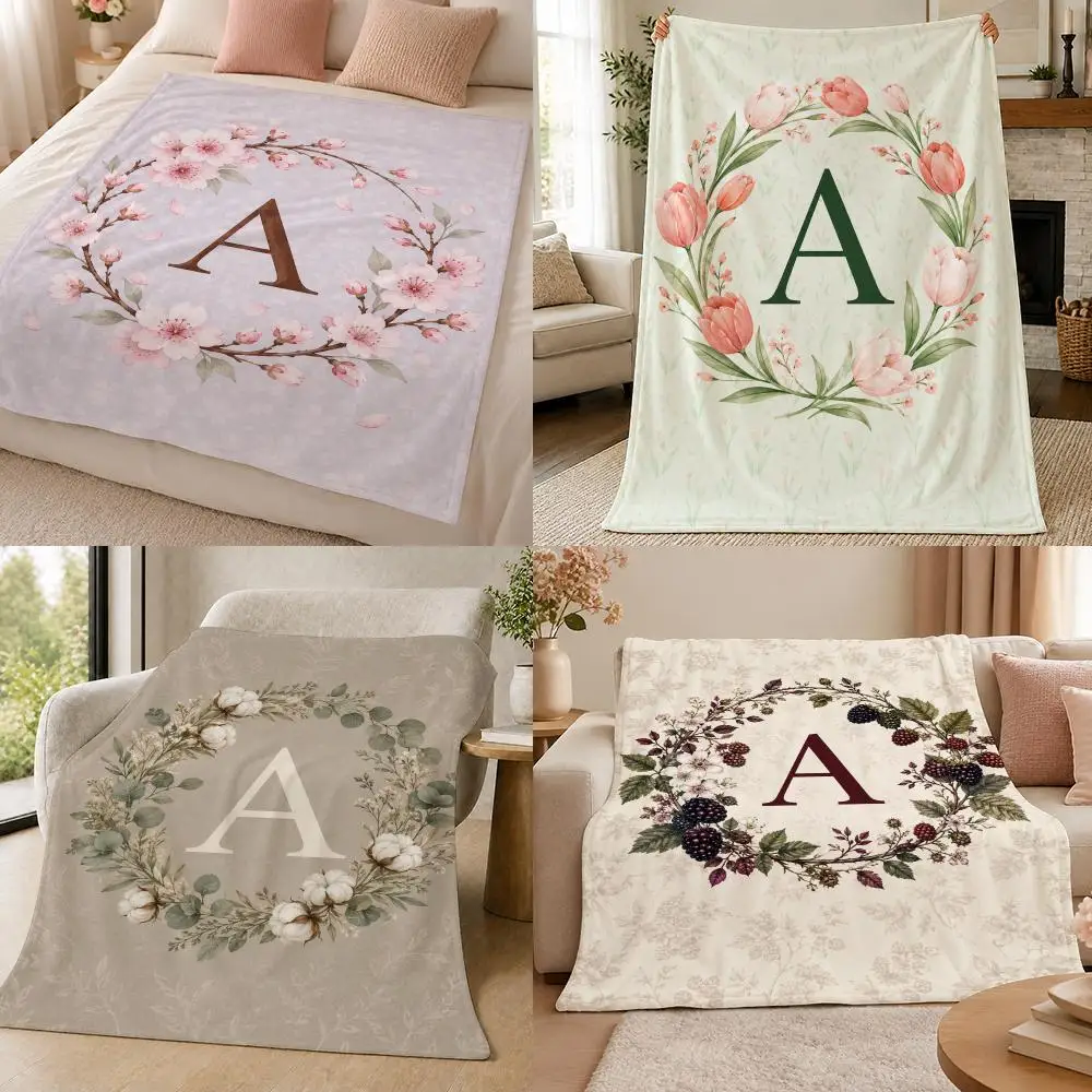 Personalized Floral Monogram Botanical Wreath Throw 320g Soft Flannel Fleece Throw Blanket Cover Sofa Bed Dorm Nap
