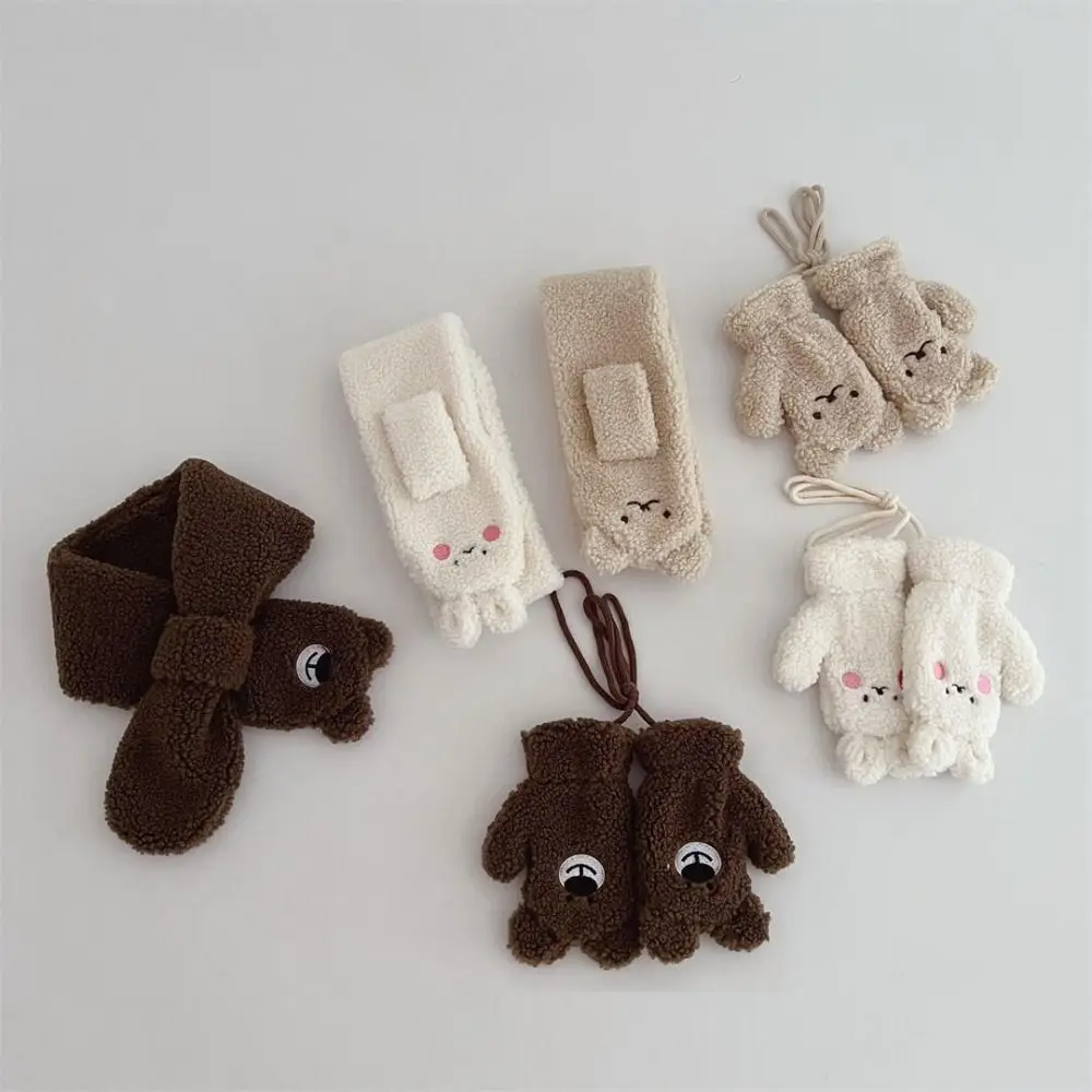 

2Pcs Autumn Winter Scarf Gloves Set Lamb Wool Cute Cartoon Scarves Mittens Suit Thickned Windproof Neck Warmer for Children