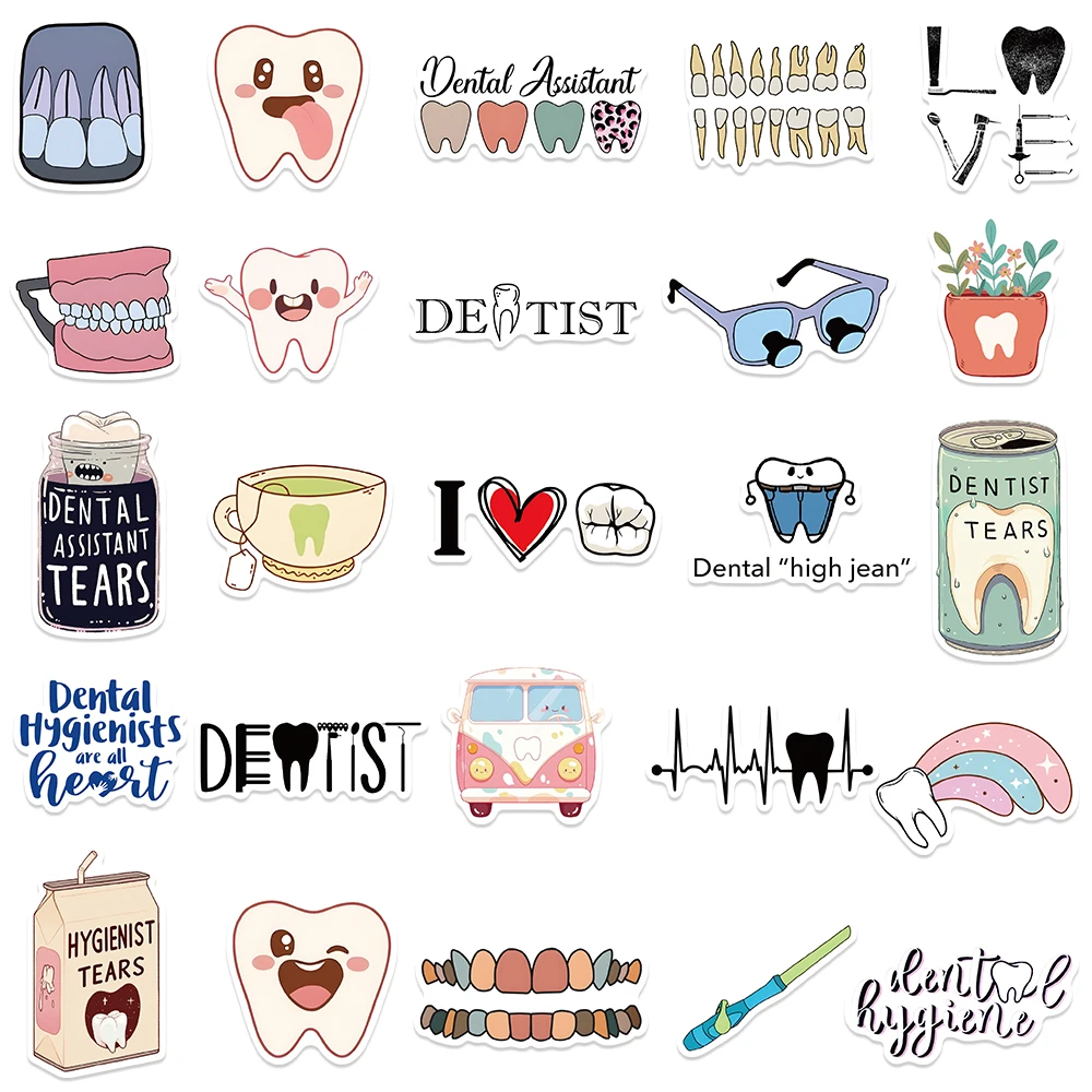 50pcs Cartoon Cute Dental Tooth Stickers Kids Toy Decals For Children Education Laptop Luggage Skateboard Refrigerator Sticker