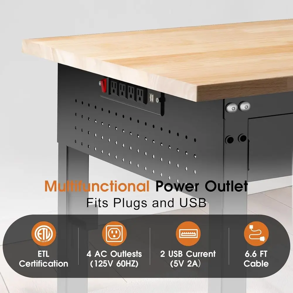 48 منضدة عمل ذات قوة صناعية على عجلات، سعة 2000 رطلاً، طاولة خشبية مطاطية مع منافذ طاقة ولوح بيجب لورش العمل أ #6