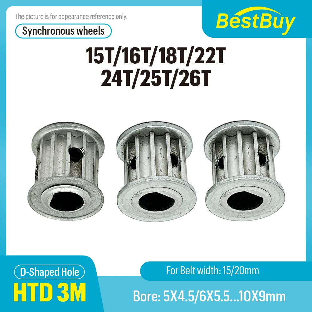 Ruota sincrona HTD Foro a D 5x4,5/6x5/6x5,5/8x7/8x7,5/10x9mm per larghezza cinghia 10/15mm Varie opzioni di denti da 15T a 26T