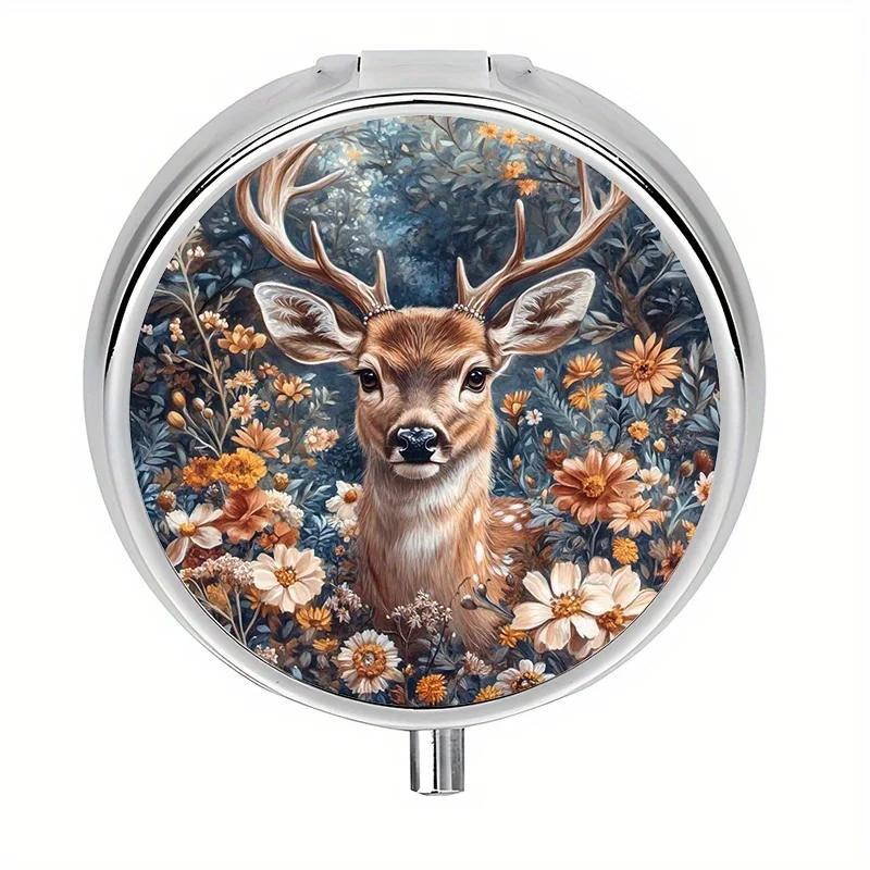 1-Piece Set, Flat, Round Three-Compartment Box, Floral and Deer Pattern Design, Decorative Portable Vitamin Storage Box and Medicine Storage Box, Soft and Delicate Texture, Ideal for Outdoor Travel and Office Medication Reminders