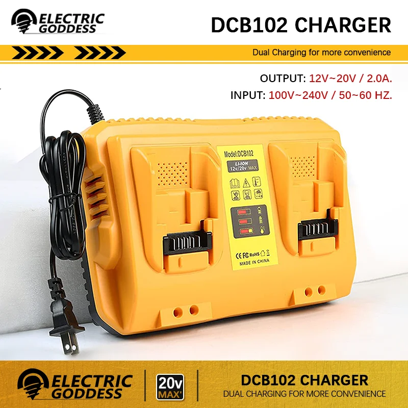 

Electric Goddess Battery Charger for Dewalt 12V 18V 20V Max Lithium Battery 2-Port Lithium Battery Charger Simultaneous Charging