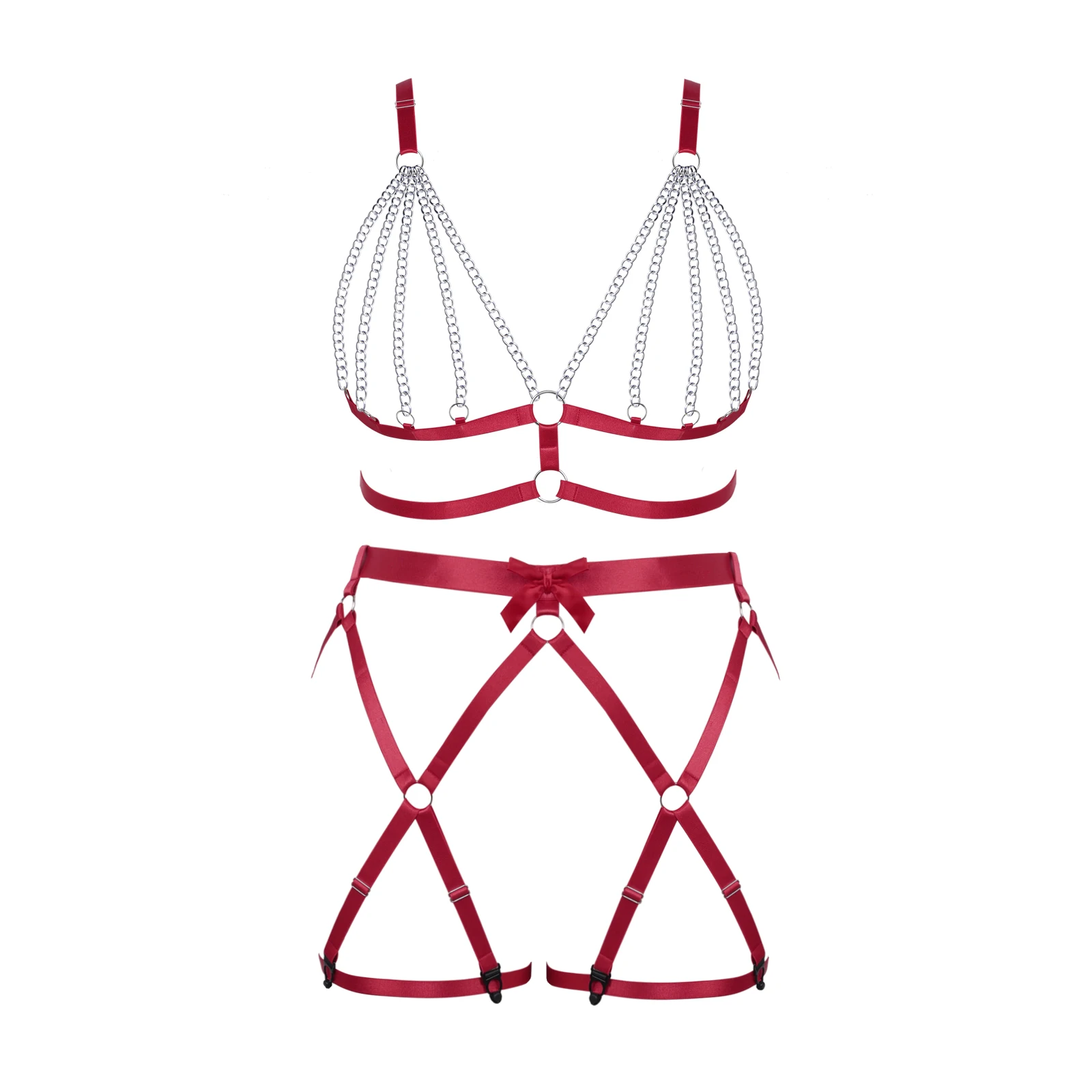 

Women Red Cage Bra Sexy Lingerie Harness Set Stockings Leg Garter Punk Pole Dance Goth Bandage Body Harness