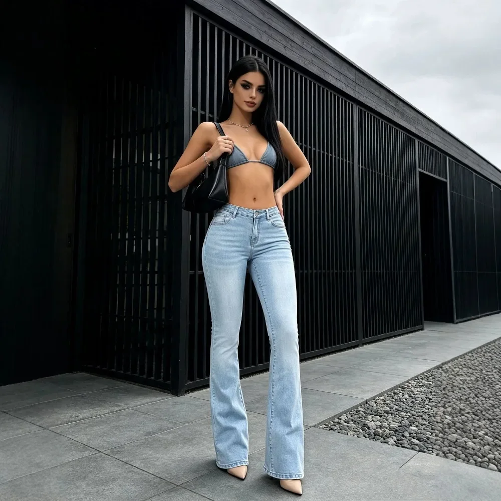 Women Mid-Rise Light Blue Washed Stretch Slim Leg-Lengthening Flare Jeans Casual Daily Streetwear Chic Minimalist New