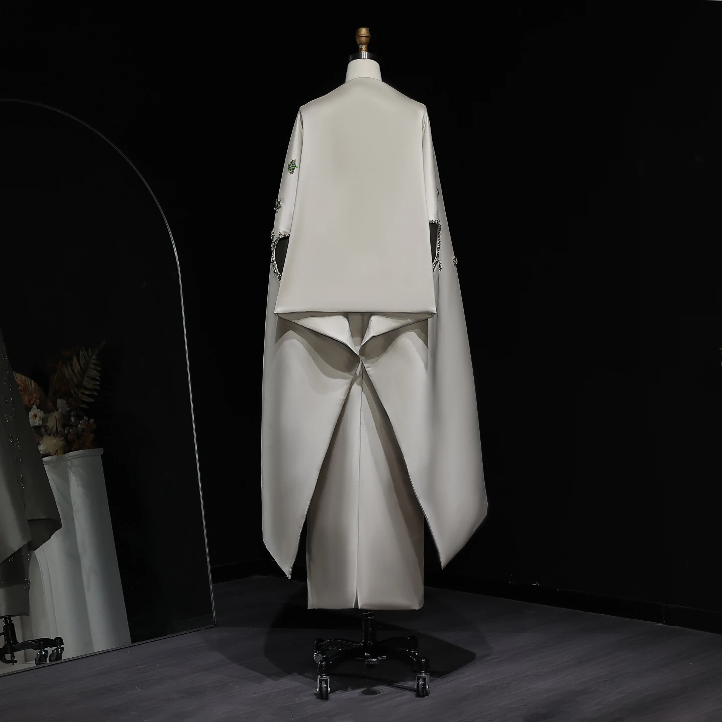 Sharon Said Chic Sage Green Satin 3D Floral Beaded Arabic Evening Dress with Cape for Dubai Women Wedding Party SS536 Customized image 6