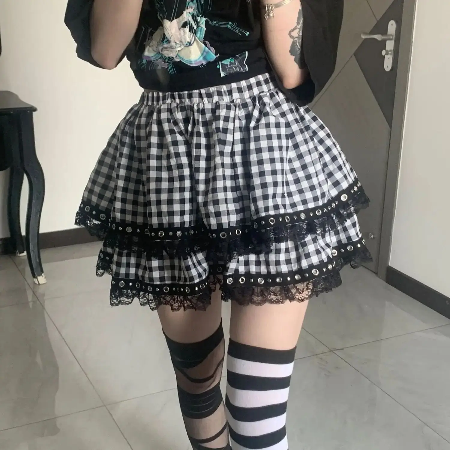 Harajuku Style Niche Subculture Plaid Willow Nail Lace Short Skirt Women'S Summer New Y2K Versatile Fluffy Cake Skirt
