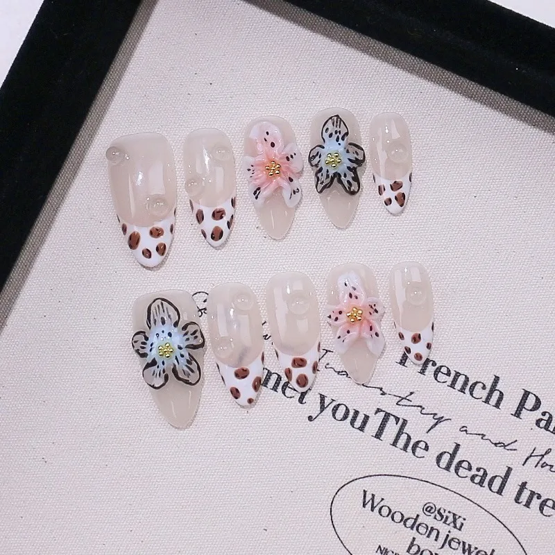 

10 шт., акриловые ногти ручной работы, накладные ногти с французским леопардовым принтом, миндалевидные накладные ногти с липкими вкладками, паста для ногтей, самопильники