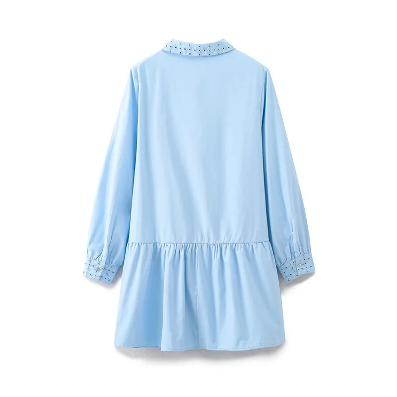 KEYANKETIAN 2024 New Launch Holiday wind Hollow out Embroidery Loose Dresses Women's Sky Blue Patchwork Poplin Shirt Mini Dress