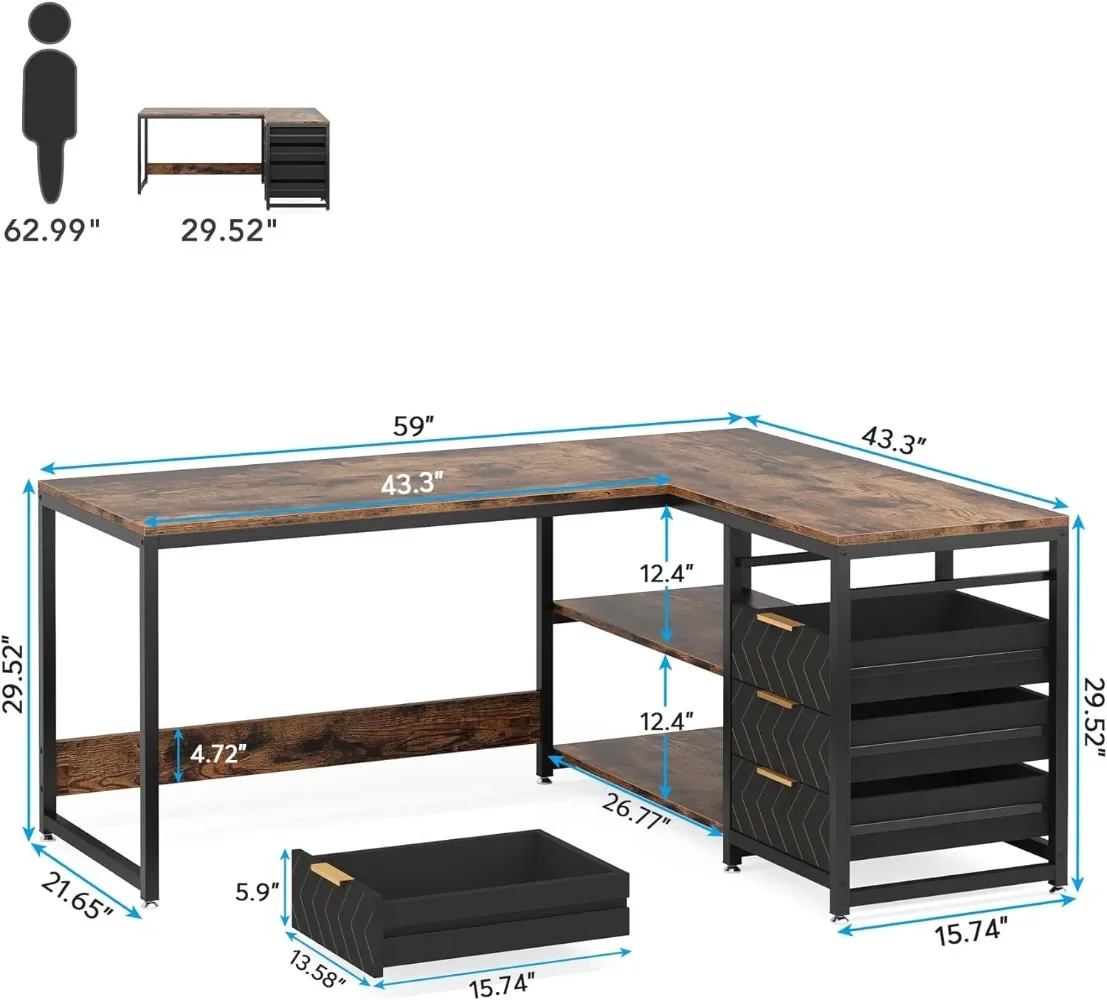 L Shaped Computer Desk with Storage Drawers 59 inch Corner Desk with Shelves Reversible LShaped Office