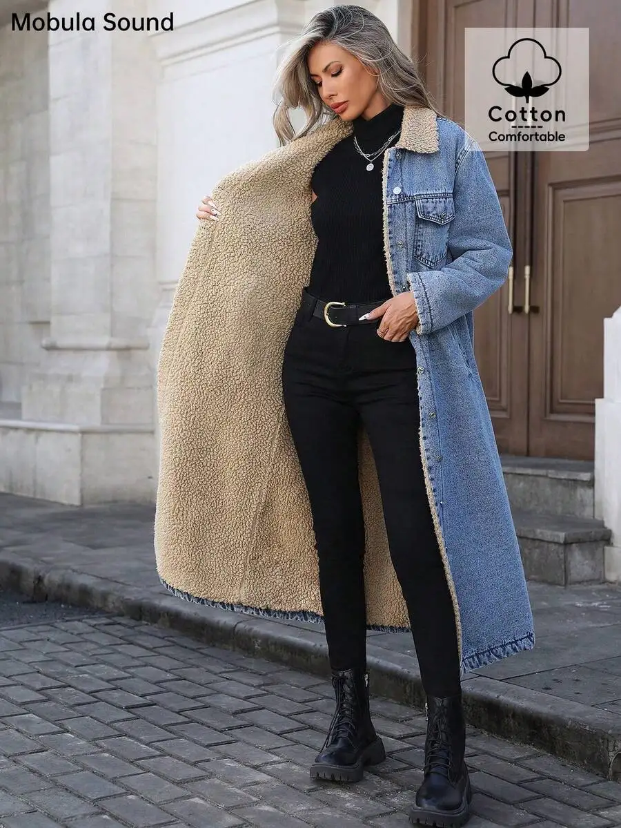 

Women's Long Denim Jacket with Fleece Lining, Casual Warm Outerwear for Autumn Winter