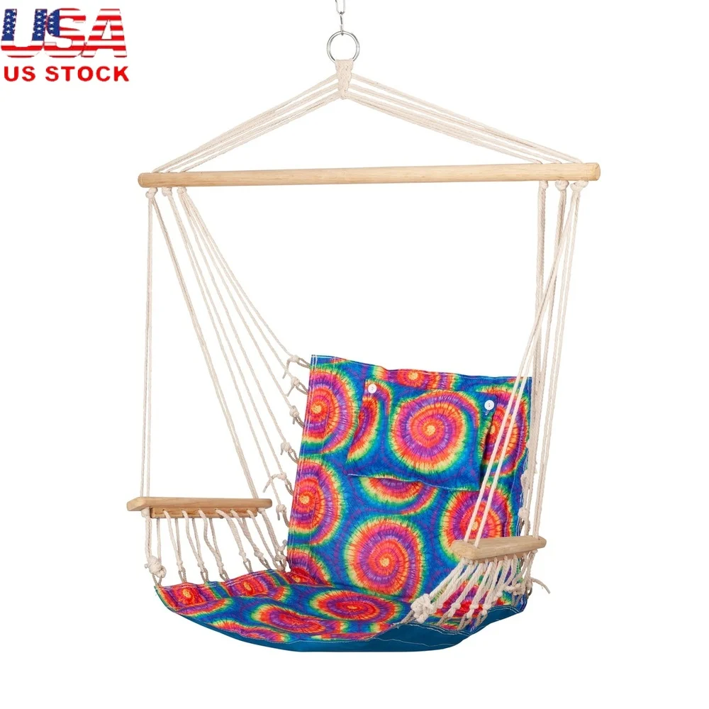 

Hammock Chair with Pillow Wooden Arms Durable Poly-Cotton Foldable Swing Indoor Outdoor Relaxation Support 275 lbs Capacity