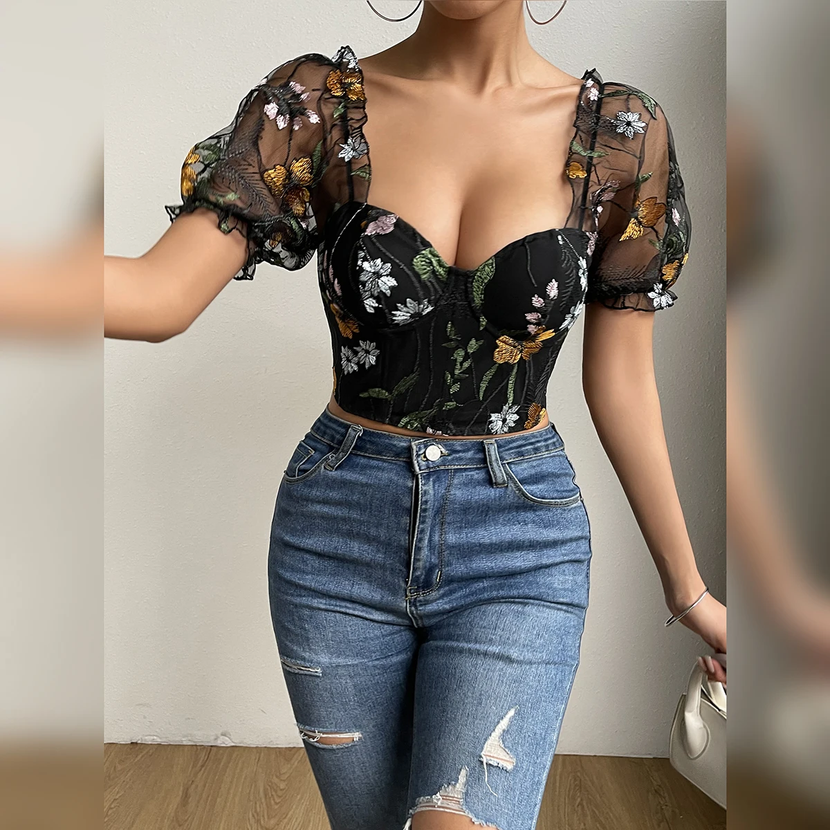 2024 New Fasion Mesh Flower Embroidery Design Puff Sleeve Fishbone Corset Ins Style Slim-fit Sweet Spice Girl  Short Crop Tops