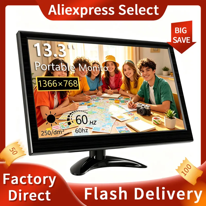 NEW 13.3 inch Small Monitor 1366X768 Mini PC Monitor with HDMI VGA AV BNC USB Intput for Laptop PS4 Xbox Computer Monitor
