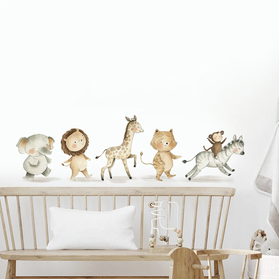 Cartoon Cute Lion Elephant Giraffe Safari Animals Nursery Wall Stickers for Kids Room Bedroom Decor Wall Decals Wallpaper - Image 2