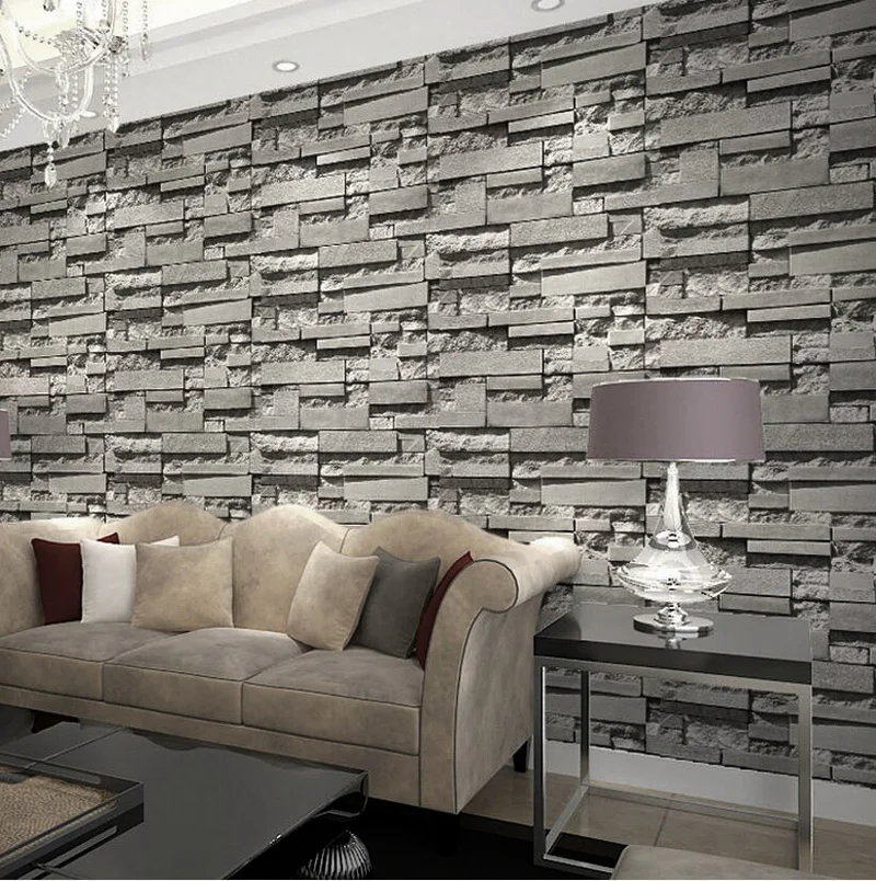 Stacked Brick Wallpaper Realistic 3D Effect Rustic Feature Wall Covers, Dark Grey